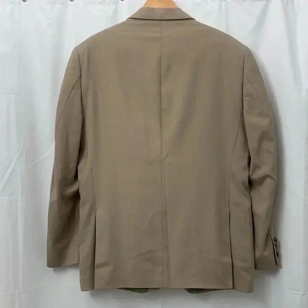 Alan Flusser Mens Tan Two Button Blazer Sport Coat Jacket 44R Gold Crest Buttons